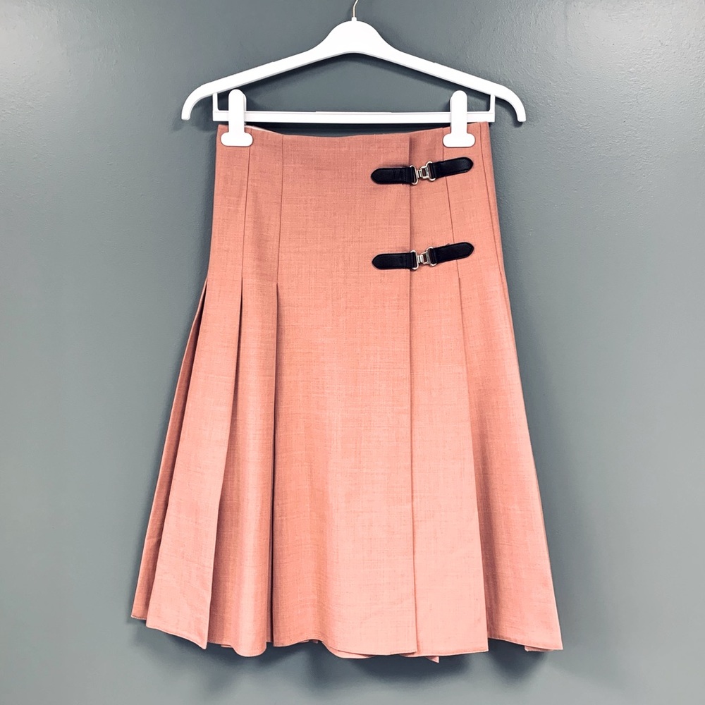 NWT Zara Premium Midi Box Pleat Wrap Dark Brown Double Buckle Kilt Skirt salmon